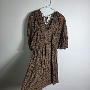 Cato XL Dress Brown Animal‎ Print Embroidered Boho Tie Back Short Sleeve